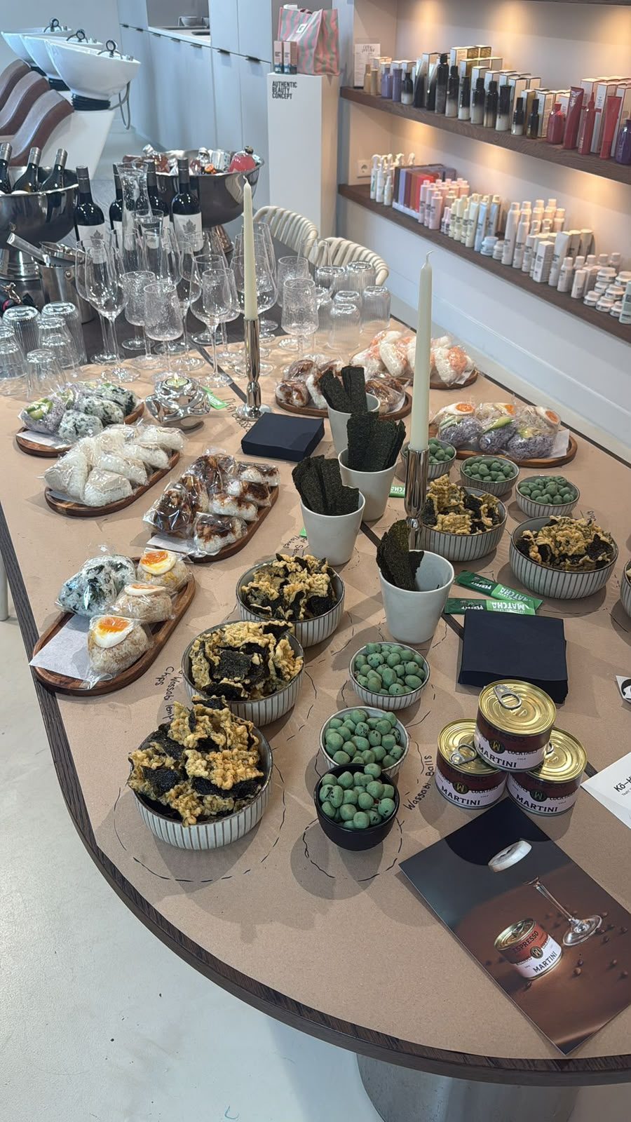 Wagaya onigiri laid out on trays at a catered event