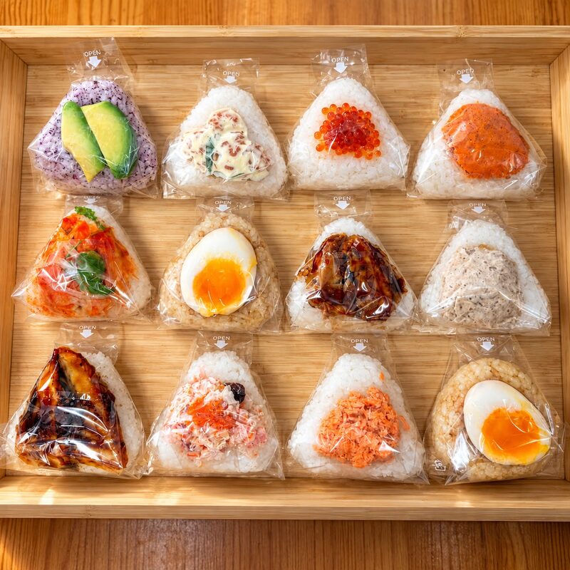 A wooden tray of twelve individually wrapped Wagaya onigiri